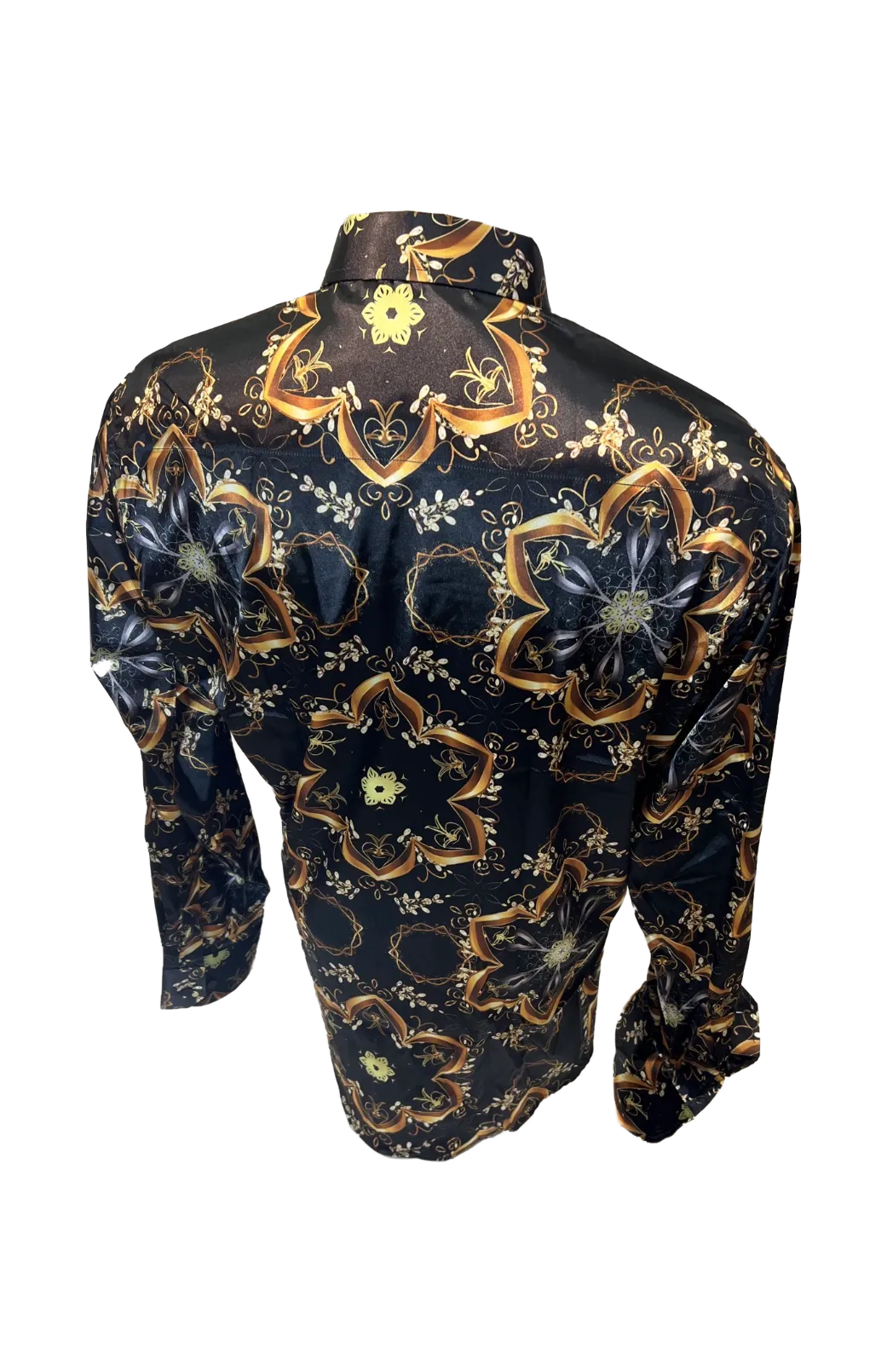 Men's Silky Long Sleeve Button Down Dress Shirt Black Gold Tribal Star Leaf Rope Chain