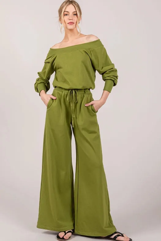 Off-The-Shoulder Slouchy Wide Leg Jumpsuit Apple Green